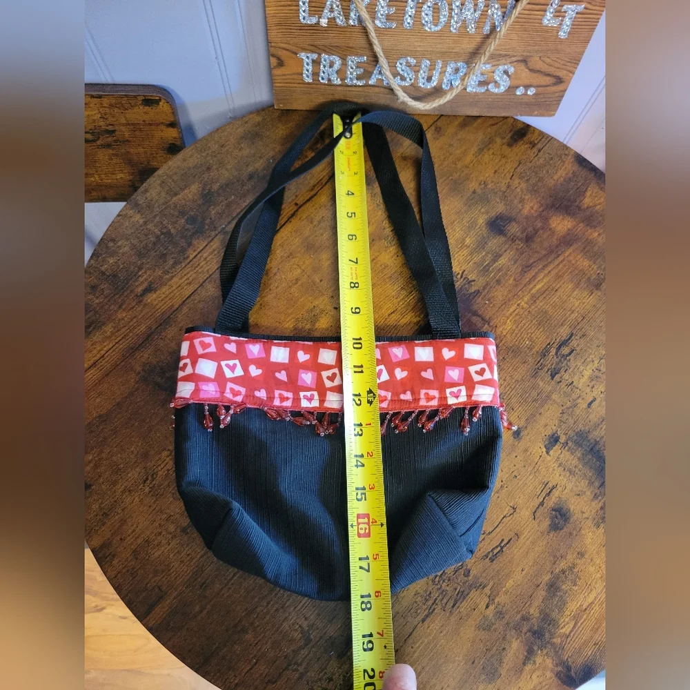 Handcrafted heart and bead embellished shoulder bag two nylon straps